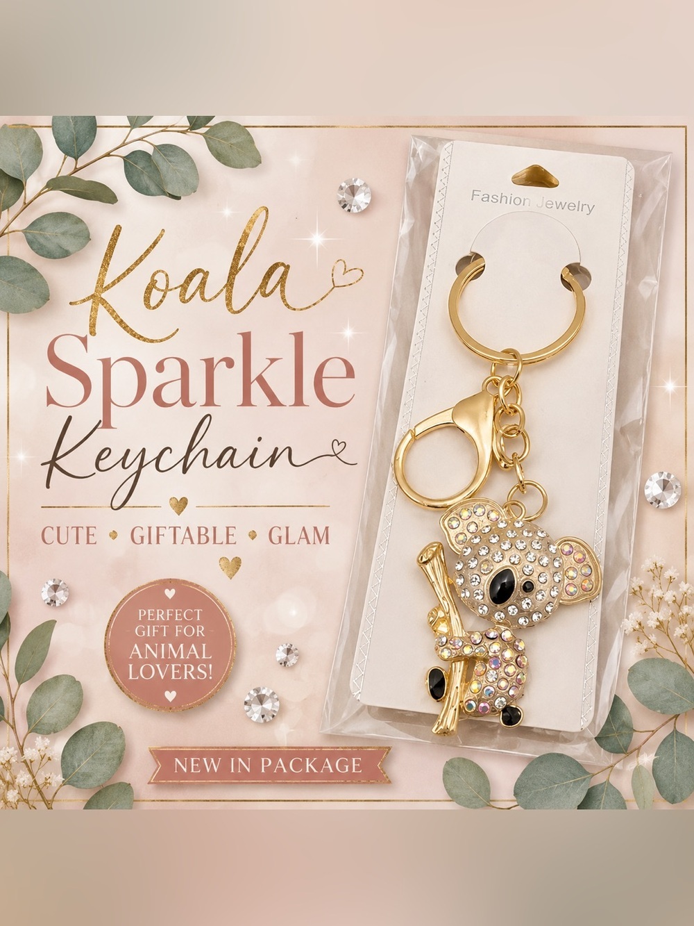 Rhinestone Koala Bear Keychain Purse Charm Gold Tone NWT